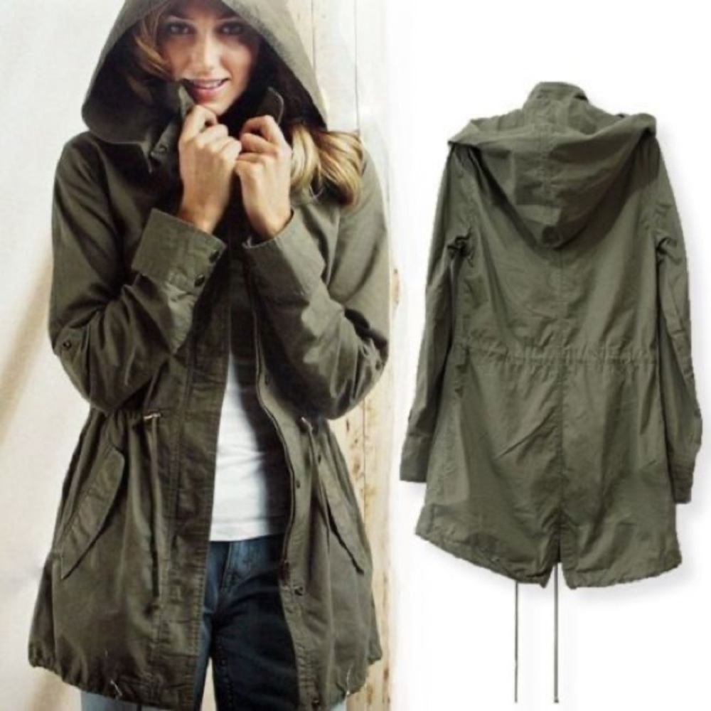 Army Green Military Trench Parka Jacket w/ Hood